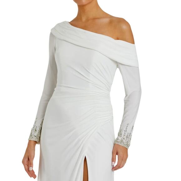 Mac Duggal Beaded Cuff Off-Shoulder Faux Wrap Gown White NWT Size 12 - Picture 3 of 12